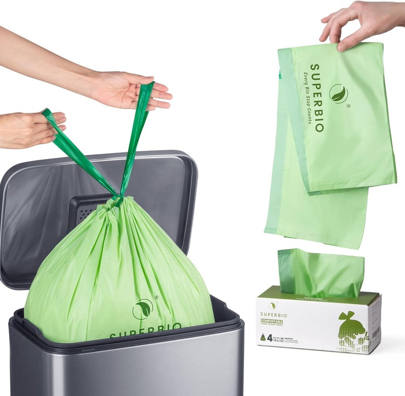SuperBio 4 Gallon Compostable Drawstring Food Scrap Bags,15.1 Liter, 40 Count, 0.9 Mil,Heavy Duty Waste Bags, BPI, Seedling and OK compost INDUSTRIAL - Image 1